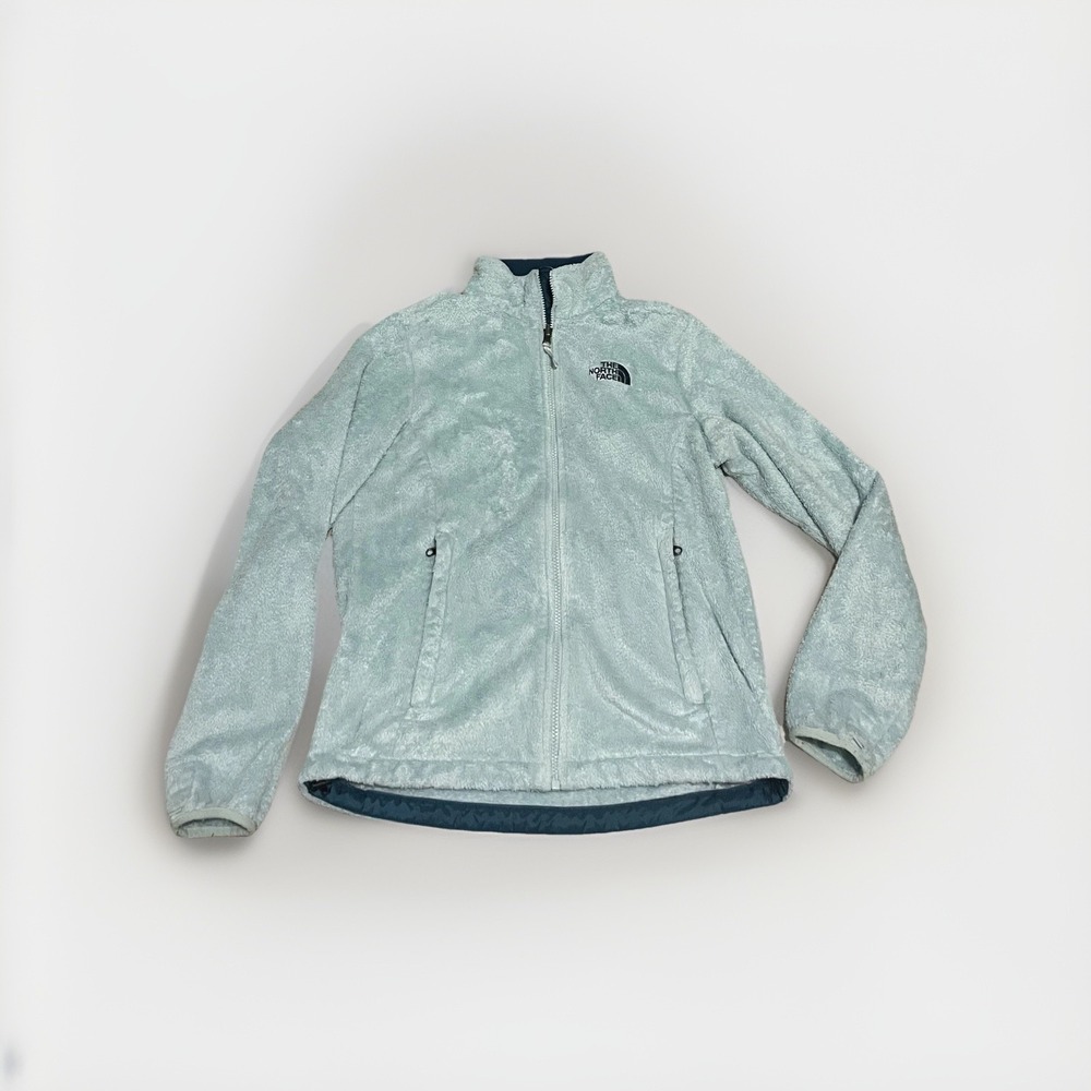 North Face Womens Jacket Medium Teal Turquoise Fuzzy Plush Fleece Zip Up Coat